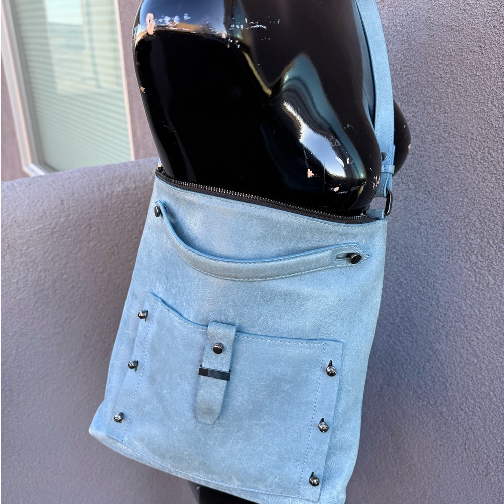 Botkier New York Light Blue Suede Zip‑Top Cross Body Shoulder Bag - Picture 1 of 8